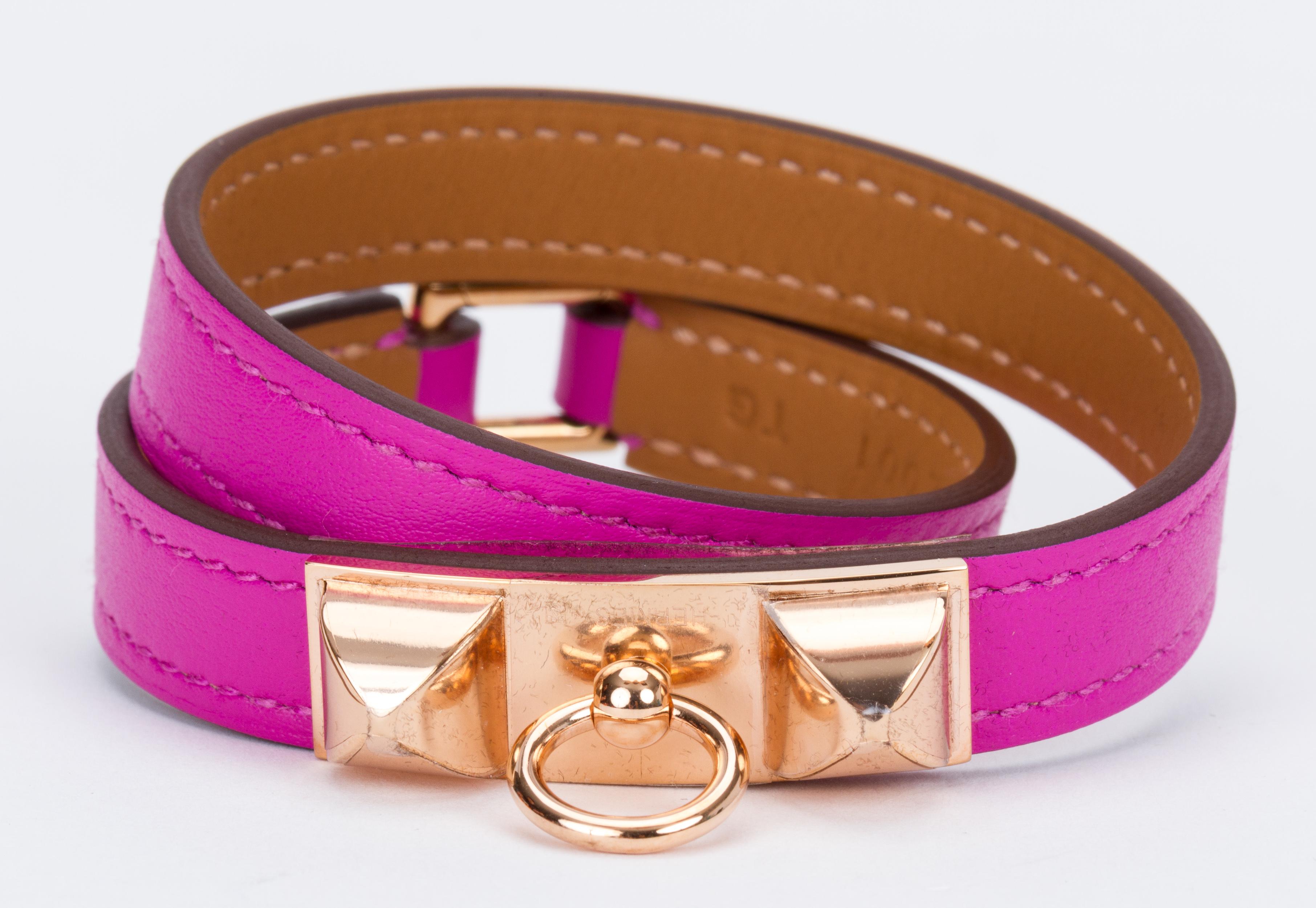 Hermes brand new in box rare pink magnolia and rose gold double wrap bracelet. Date stamp C for 2018. Comes with original box, velvet pouch, ribbon and shopping bag.
