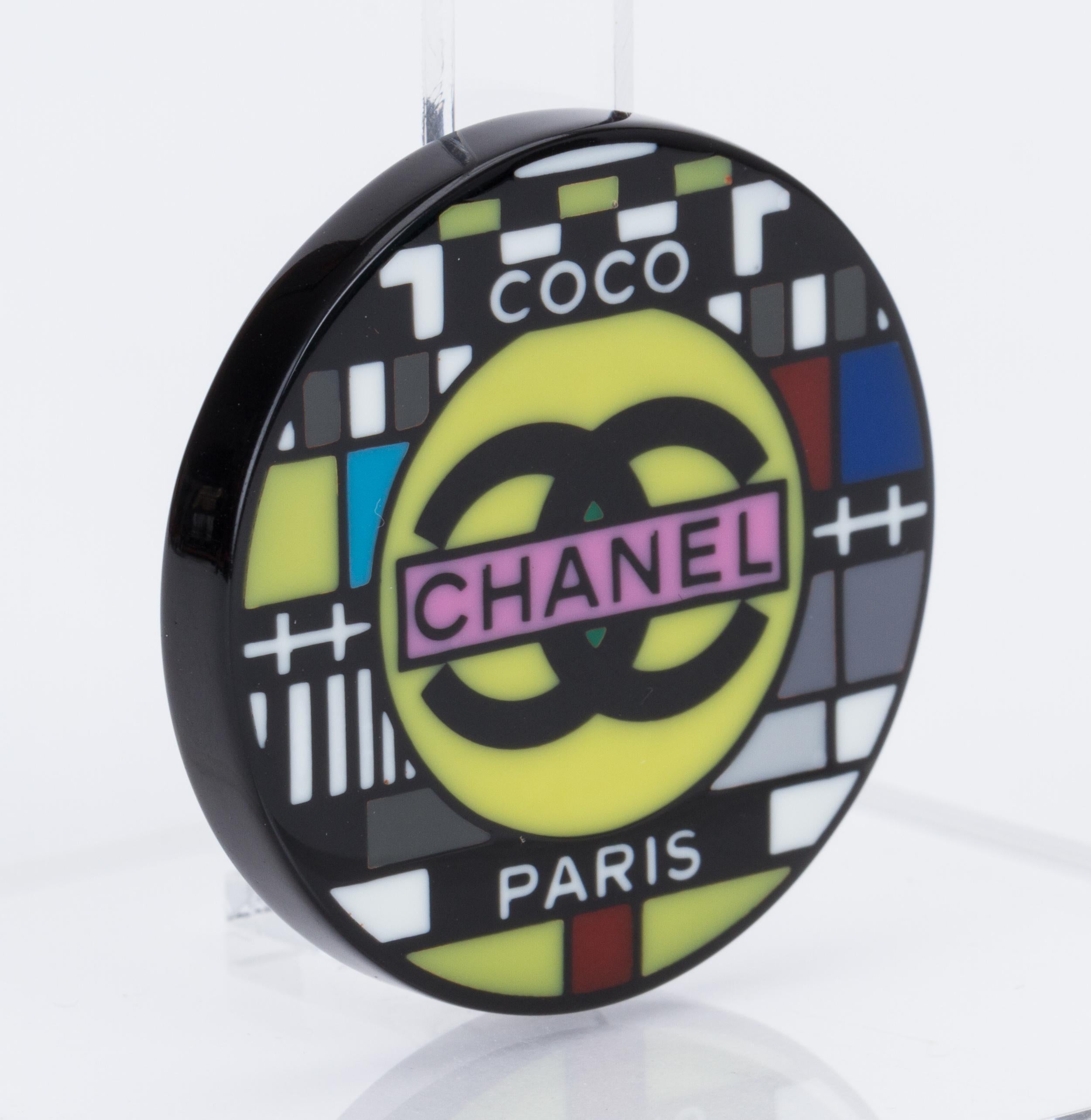 Chanel round television lucite pin. Collection spring 2017. Brand new in original box with ribbon.