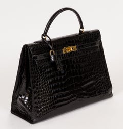 1960's Vintage Hermes Black Crocodile Kelly 35 Bag