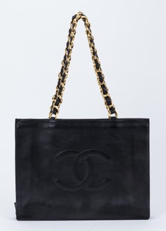 1990's Vintage Chanel Black Shopper Bag With Chains
