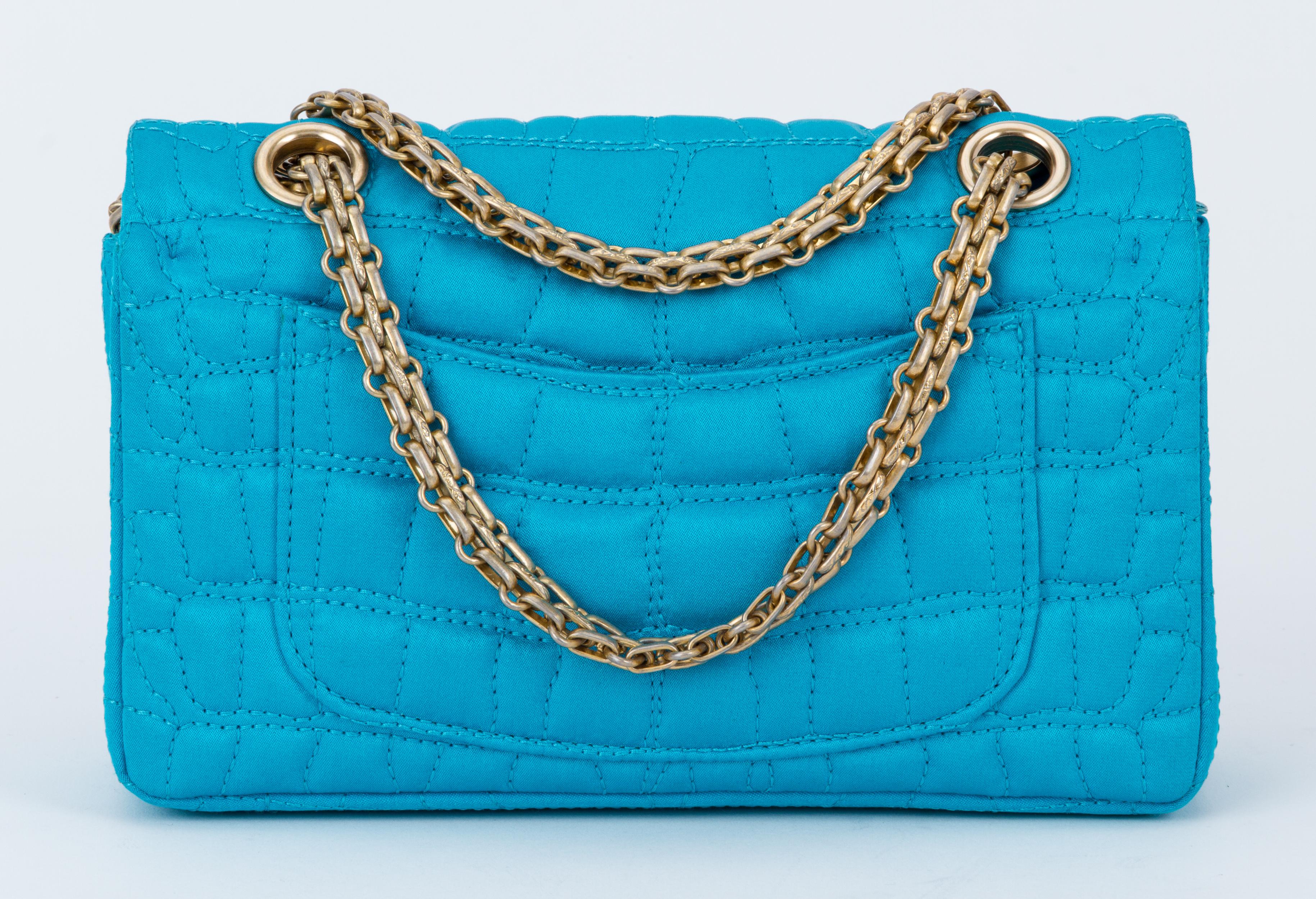 Chanel Silk Croc Embossed Turquoise Flap Bag In Excellent Condition In West Hollywood, CA