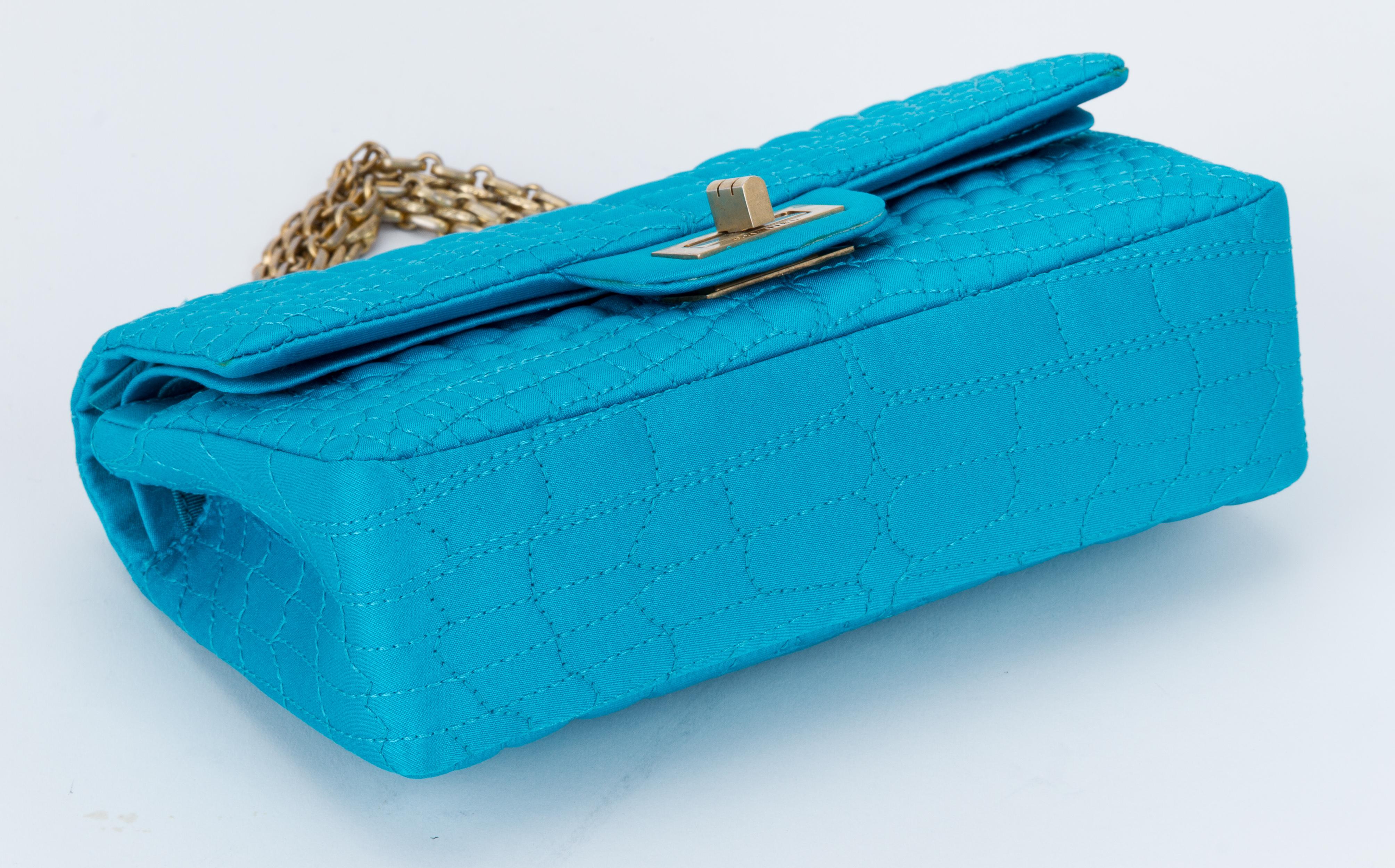 Women's Chanel Silk Croc Embossed Turquoise Flap Bag