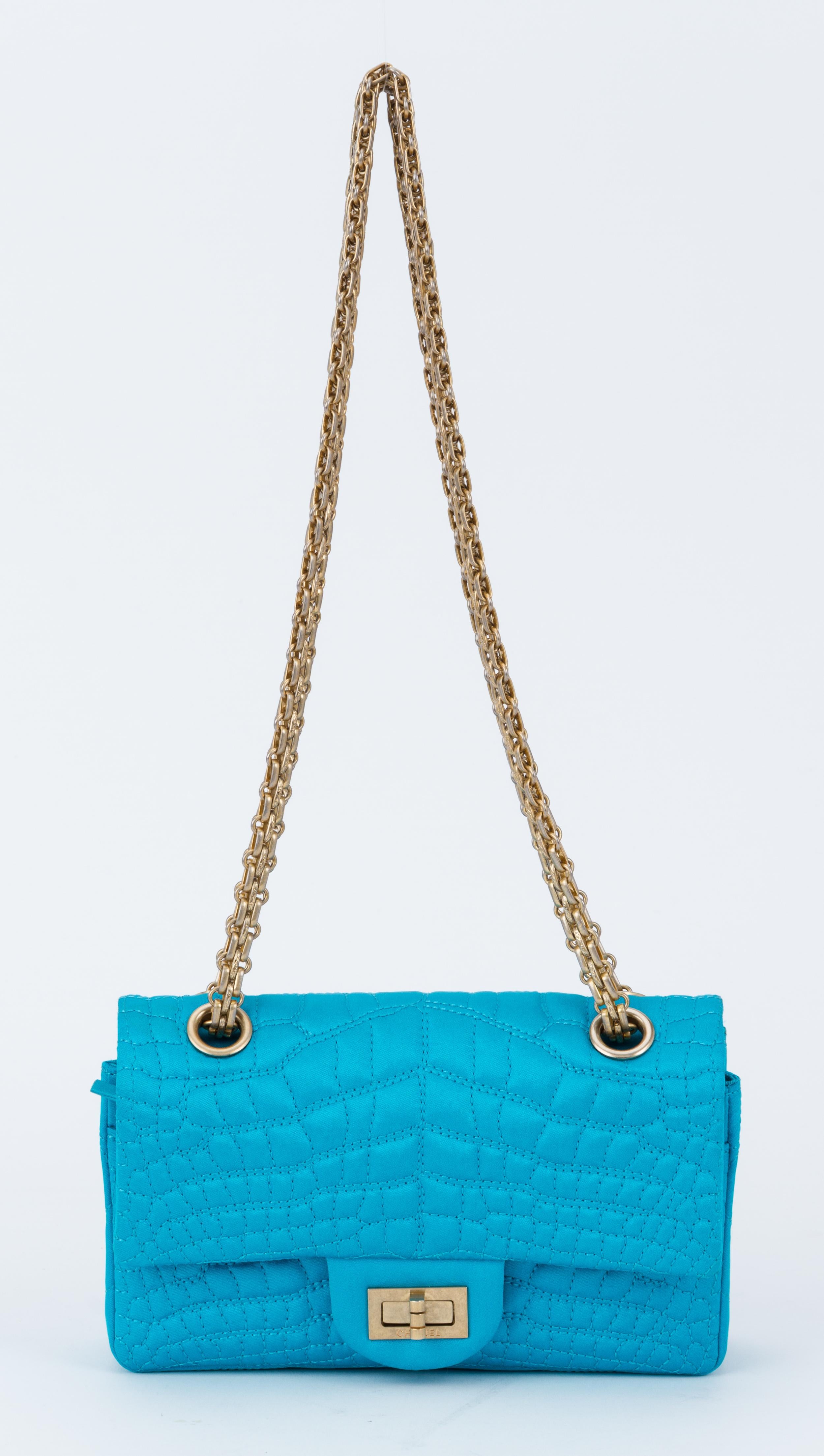 Chanel Silk Croc Embossed Turquoise Flap Bag 1