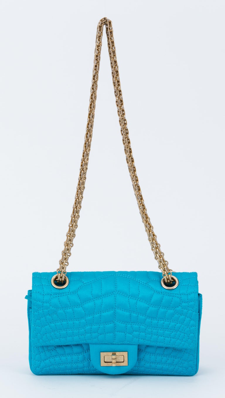 Chanel Silk Croc Embossed Turquoise Flap Bag For Sale at 1stdibs