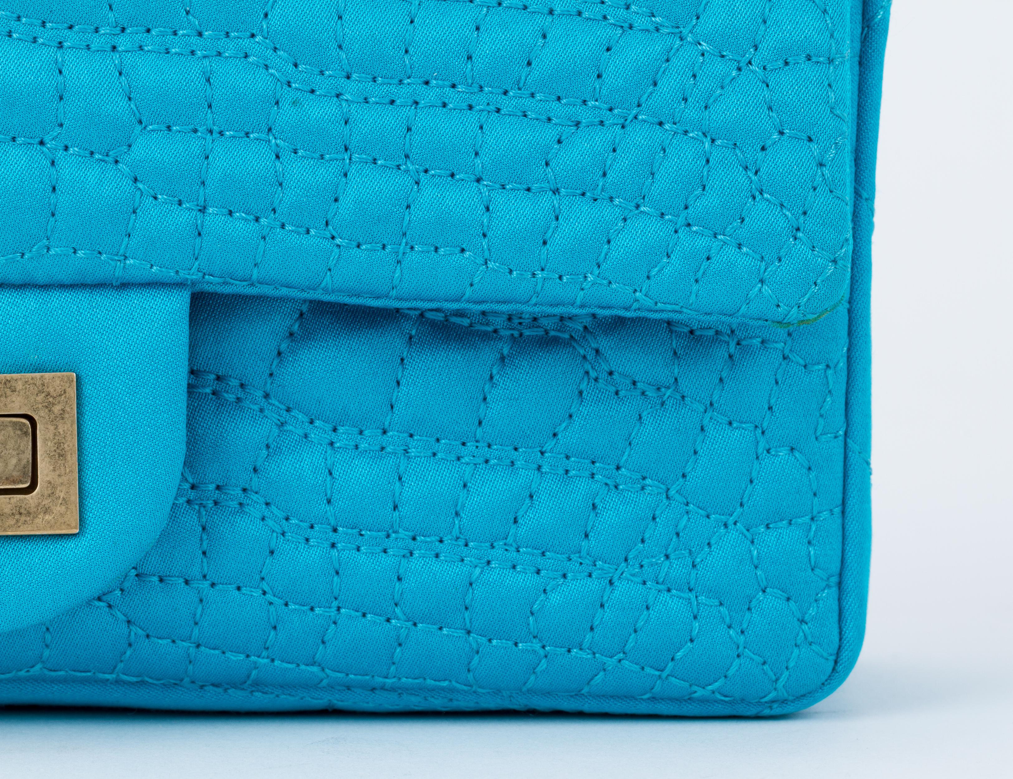 Chanel Silk Croc Embossed Turquoise Flap Bag 3