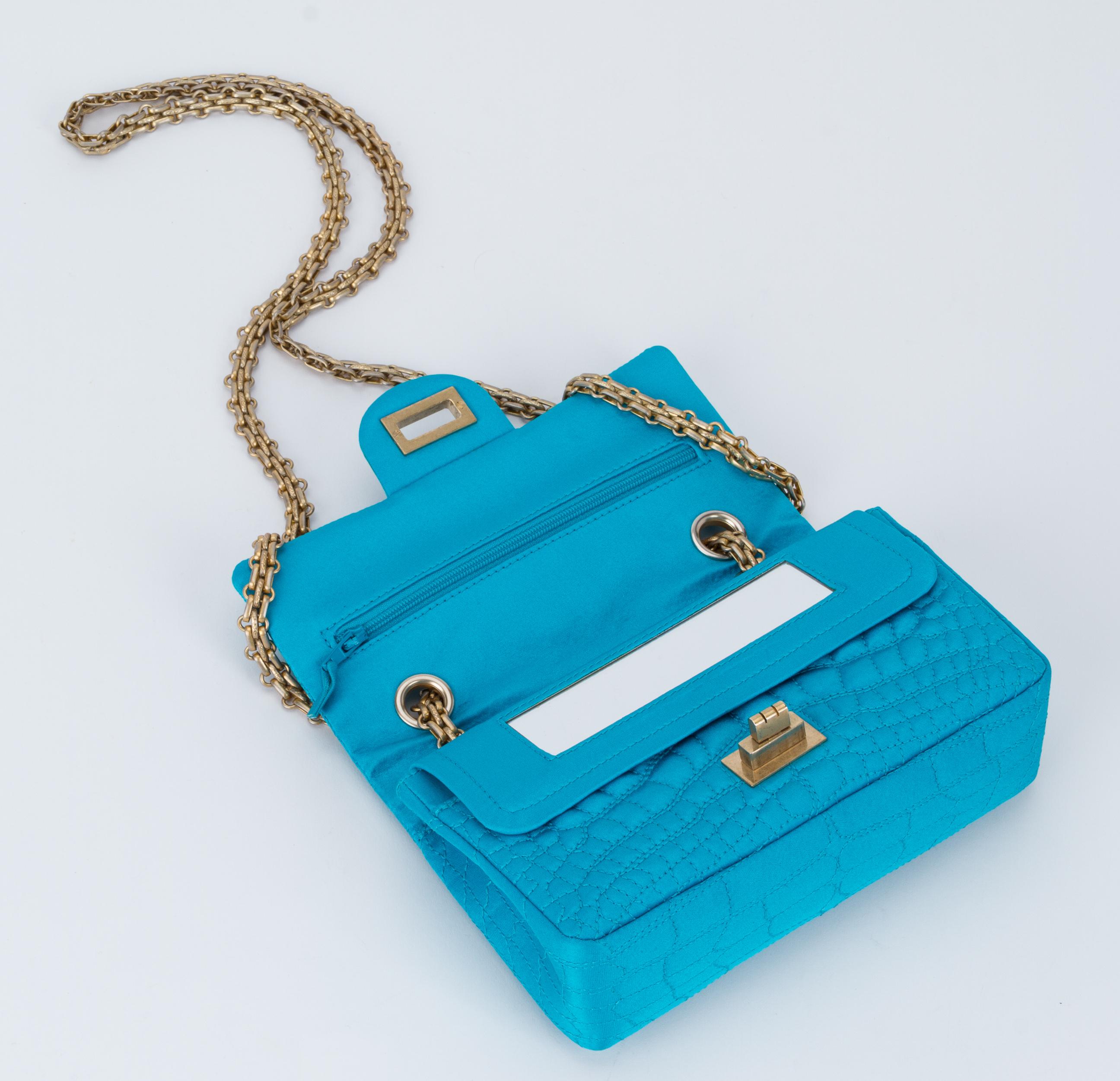 Chanel Silk Croc Embossed Turquoise Flap Bag 5