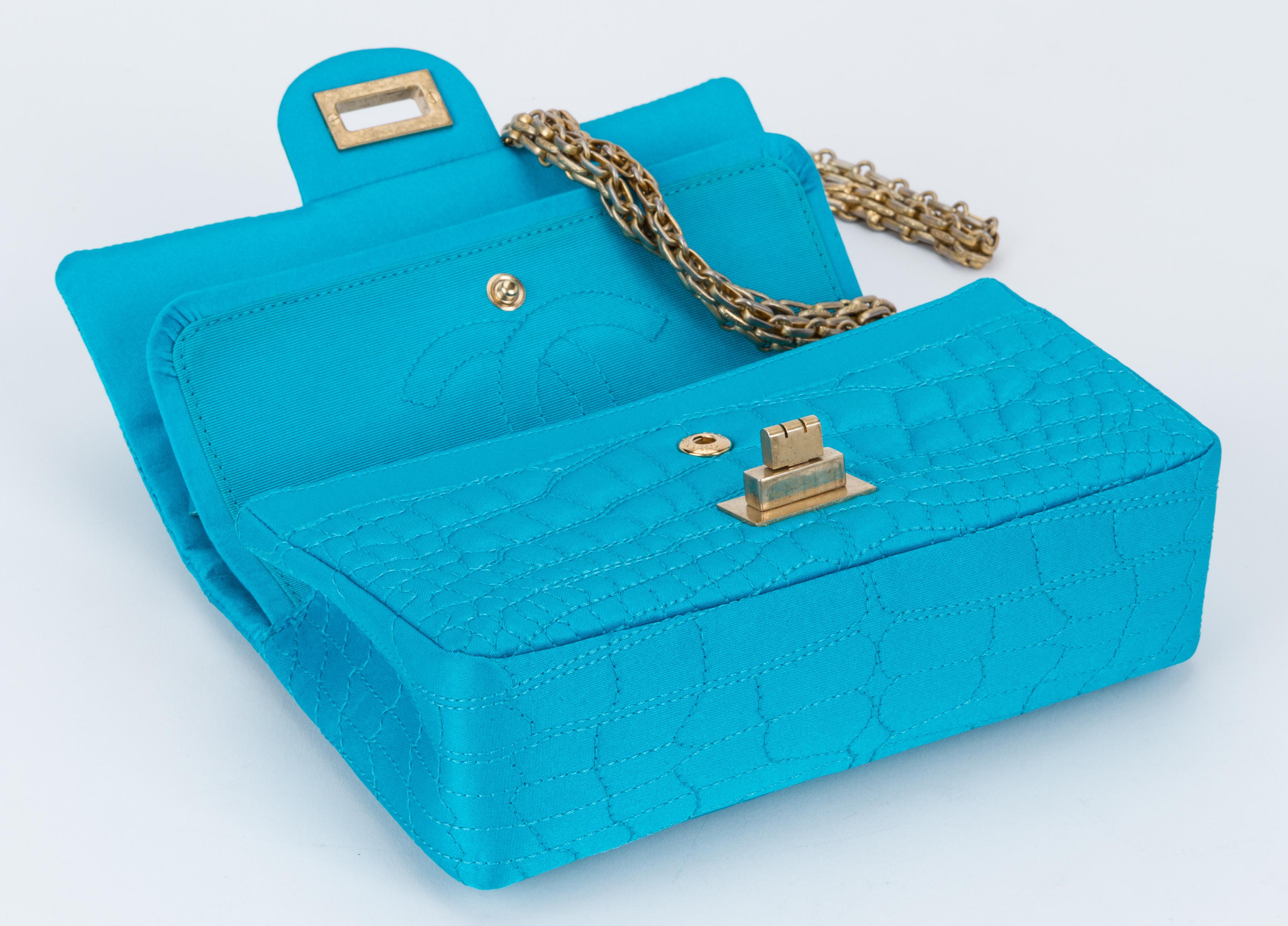 Chanel Silk Croc Embossed Turquoise Flap Bag 8