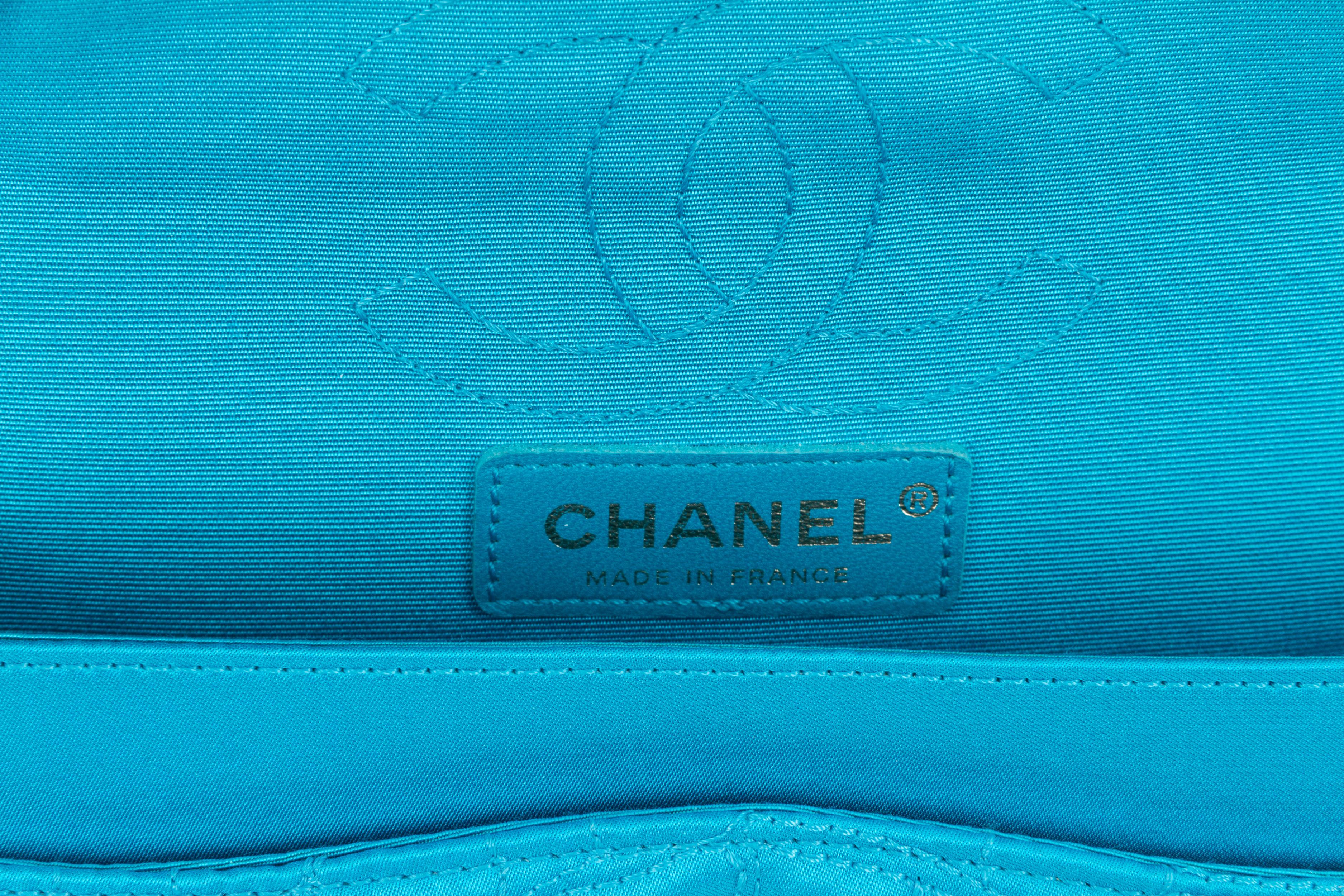Chanel Silk Croc Embossed Turquoise Flap Bag 9