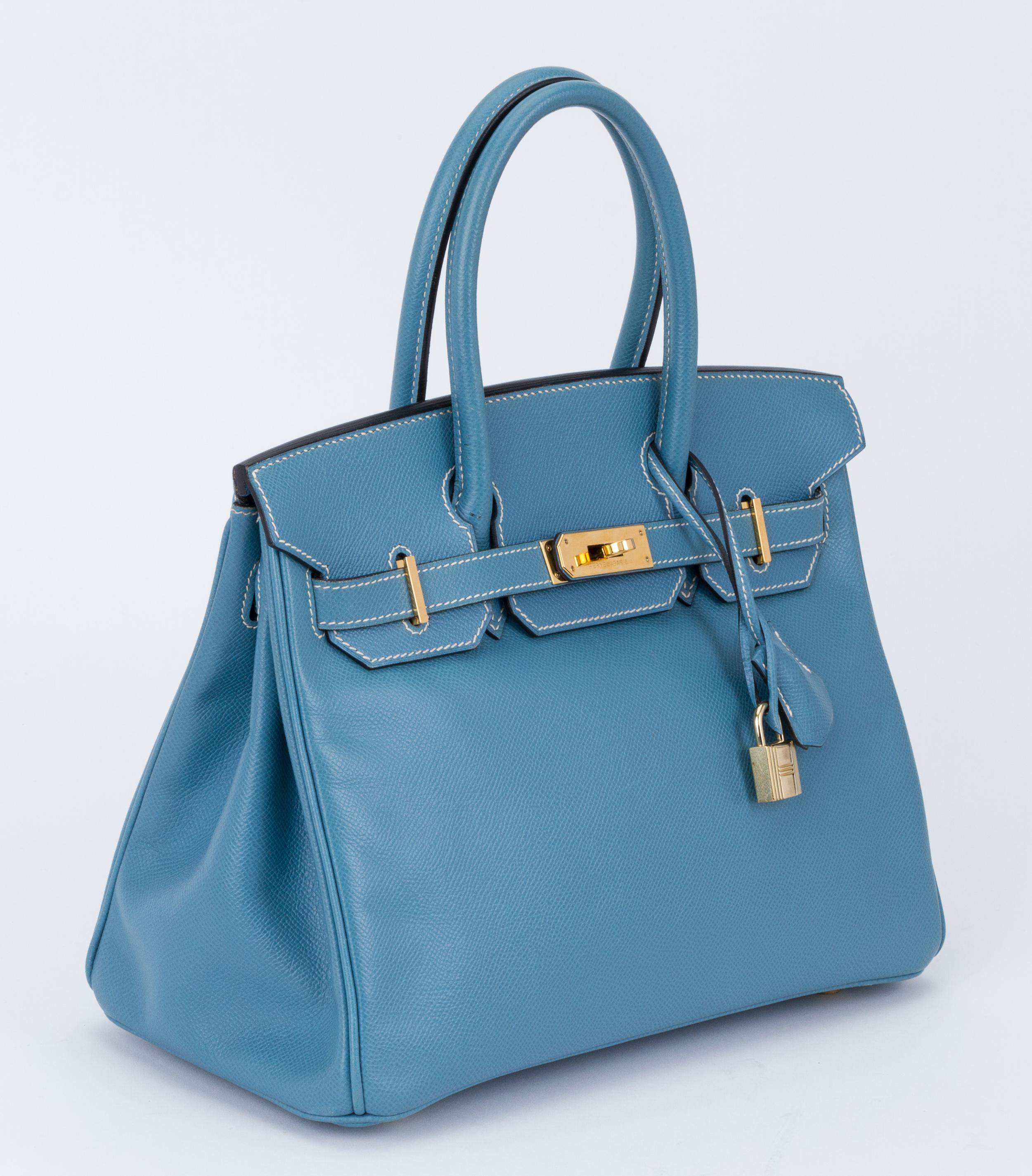 Hermes authentic Birkin 30 blue jean courchevel leather and gold tone hardware. H stamp for 2004. Handle drop 4