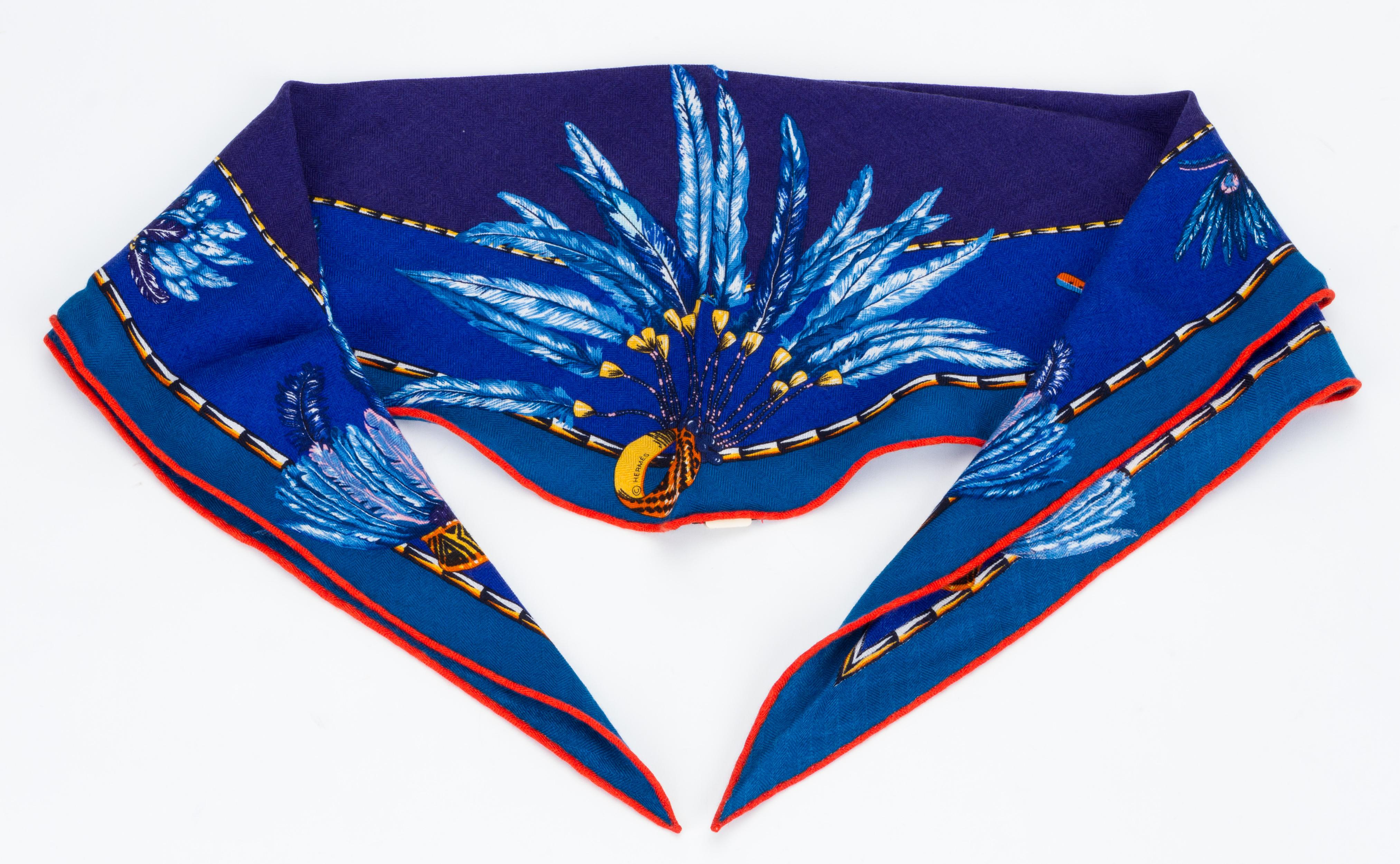 Hermès blue silk-and-cashmere Brazil print losange MM scarf. Brand new condition with tags.