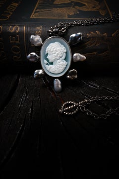 DOBRINNE One-of-a-Kind Blue Agate Cameo and Keshi Pearl Pendant Necklace