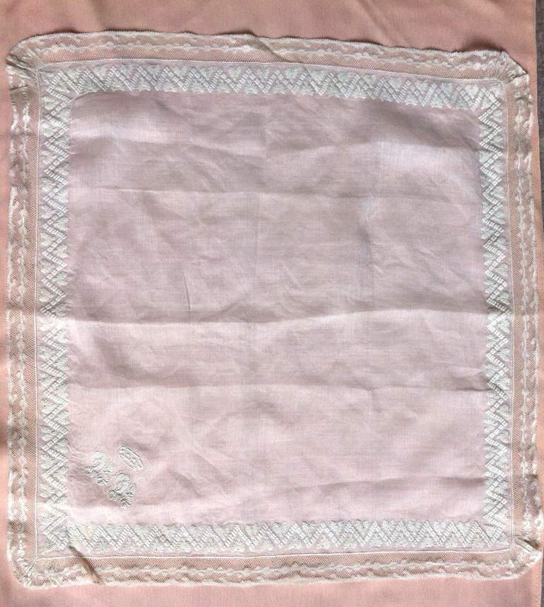 19th c. French superb linon and Valenciennes lace coronet handkerchief
