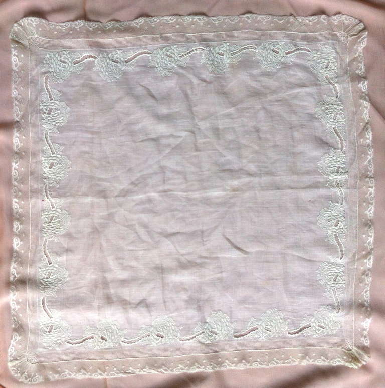 Fine 19th c. French linen and Valenciennes lace hand embroidered handkerchief