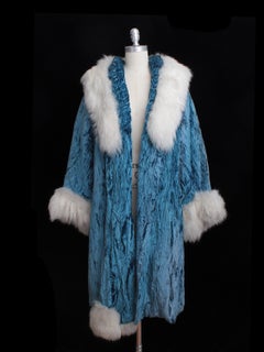 Rare 1920s Blue Textured Velvet Coat / White Fur Cuffs and Collar
