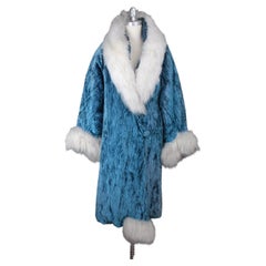 Rare 1920s Blue Textured Velvet Coat / White Fur Cuffs and Collar