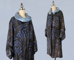 1920s Flapper Opera Coat / 20s Geometric Print Metallic Lamé / Satin Collar