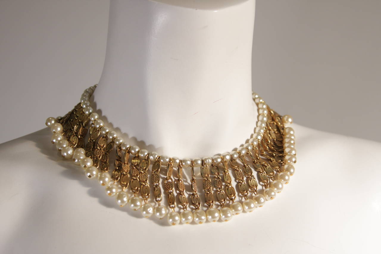 Miriam Haskell Stunning Gold Tone Metal & Faux Pearl Bib Style Choker In Excellent Condition In Los Angeles, CA