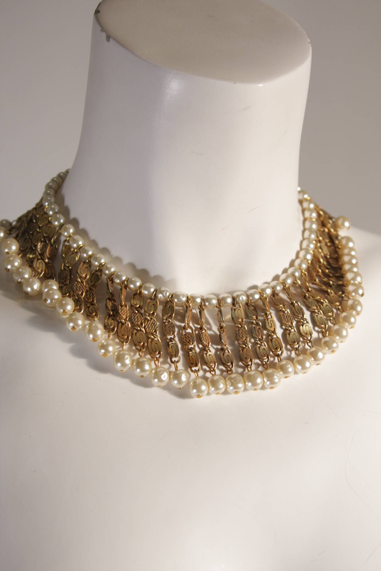 Etruscan Revival Miriam Haskell Stunning Gold Tone Metal & Faux Pearl Bib Style Choker