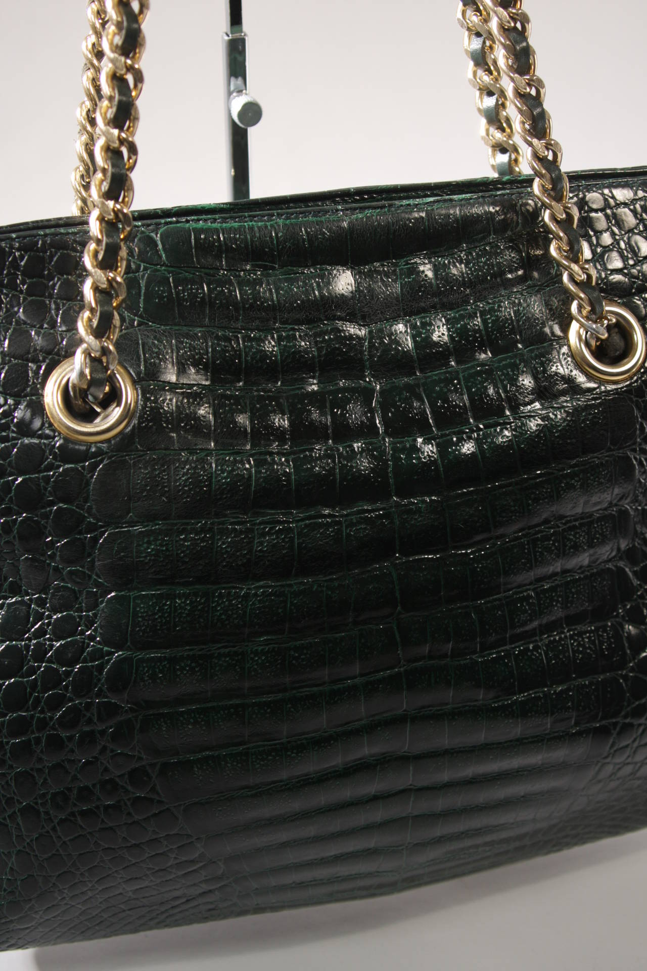Women's La Bagagerie Large Green Crocodile Print Embossed Tote with Chain Strap