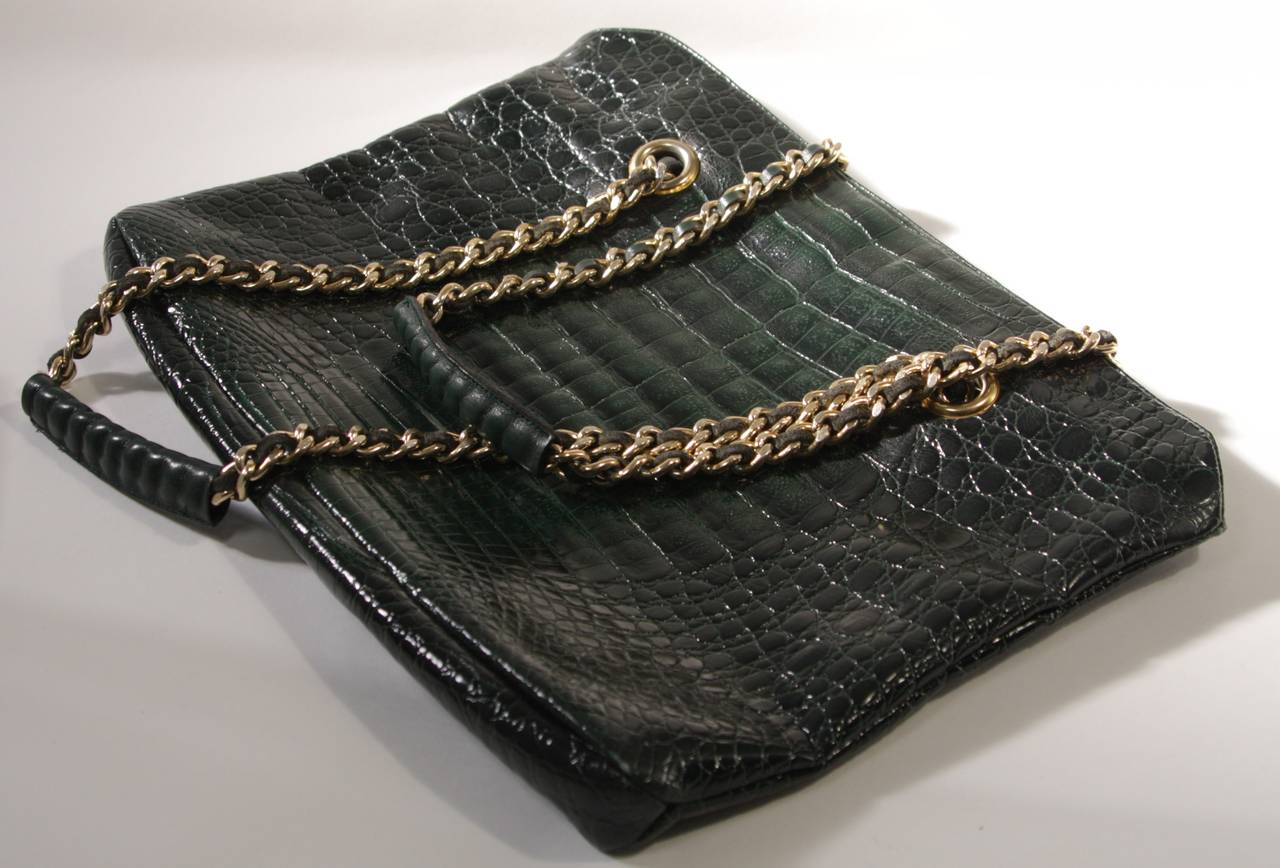 La Bagagerie Large Green Crocodile Print Embossed Tote with Chain Strap 1
