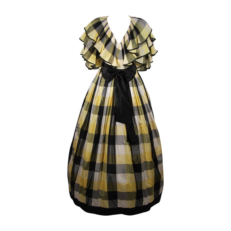 Paul Louis Orrier Ruffled Silk Yellow and Black Plaid Gown Size 10 For Sale
