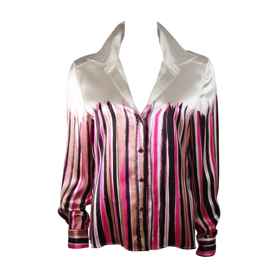 Gianni Versace Ivory and Pink Silk Abstract Print Blouse Size 46 For Sale