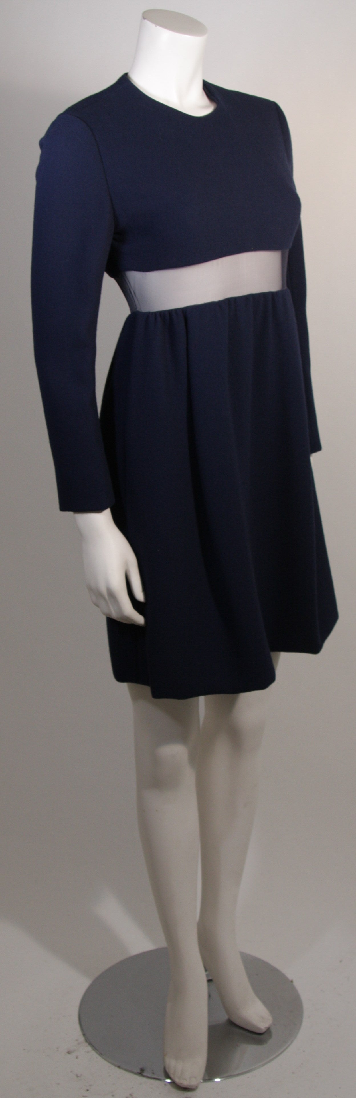 Black Galanos Navy Wool Mini Dress with Peek-a-boo Mesh Panel size 4 For Sale
