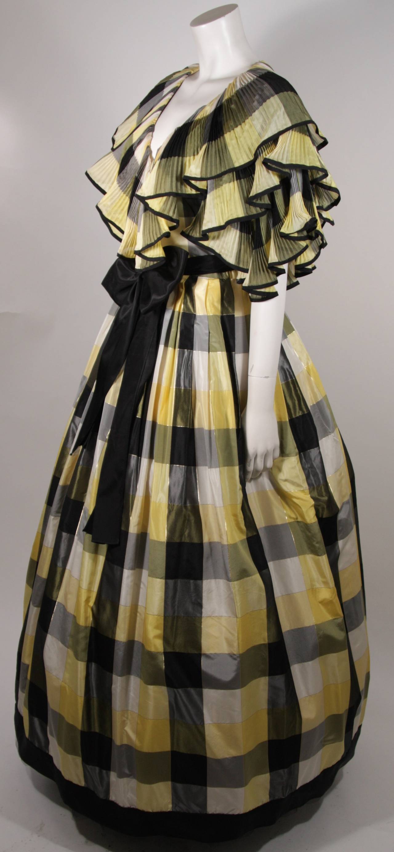 Paul Louis Orrier Ruffled Silk Yellow and Black Plaid Gown Size 10 For Sale 1