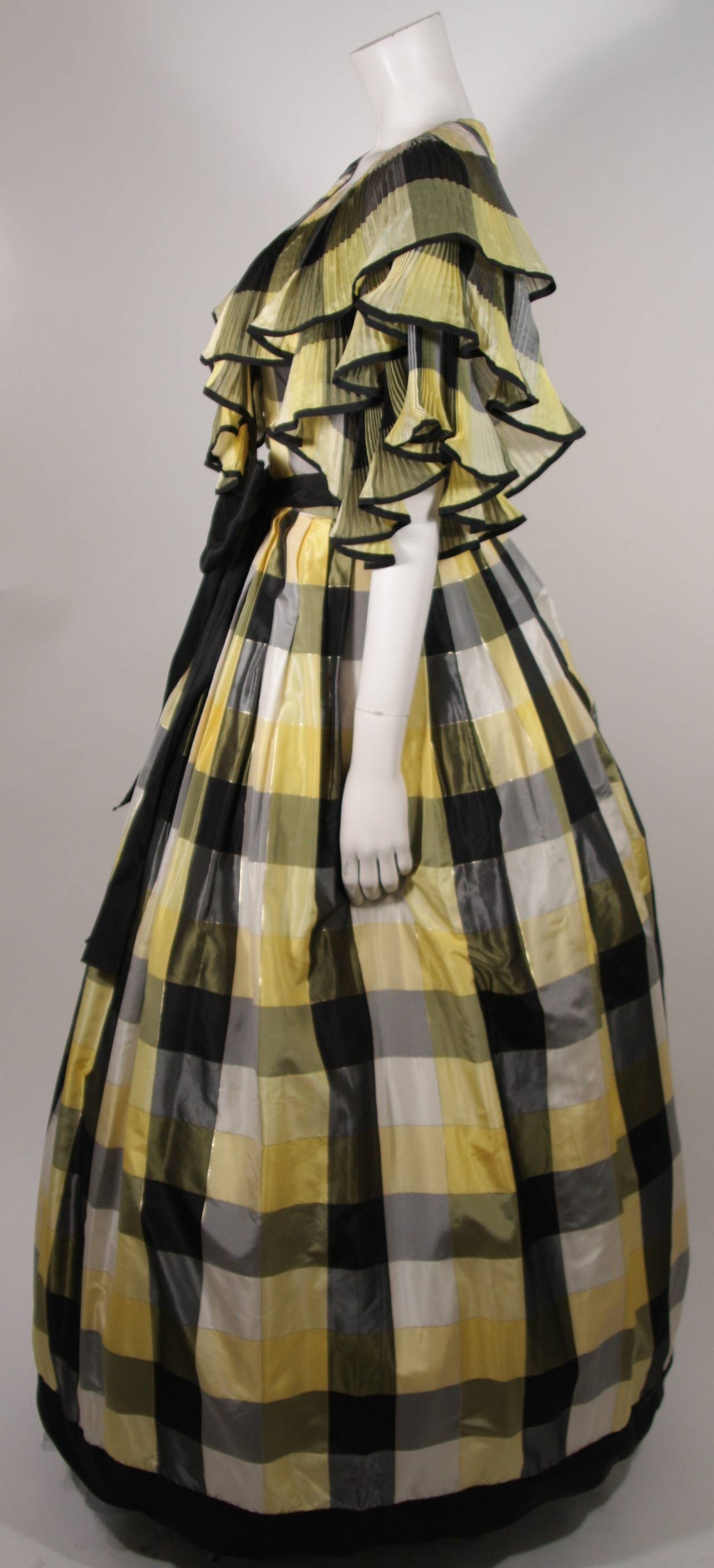 Paul Louis Orrier Ruffled Silk Yellow and Black Plaid Gown Size 10 For Sale 2