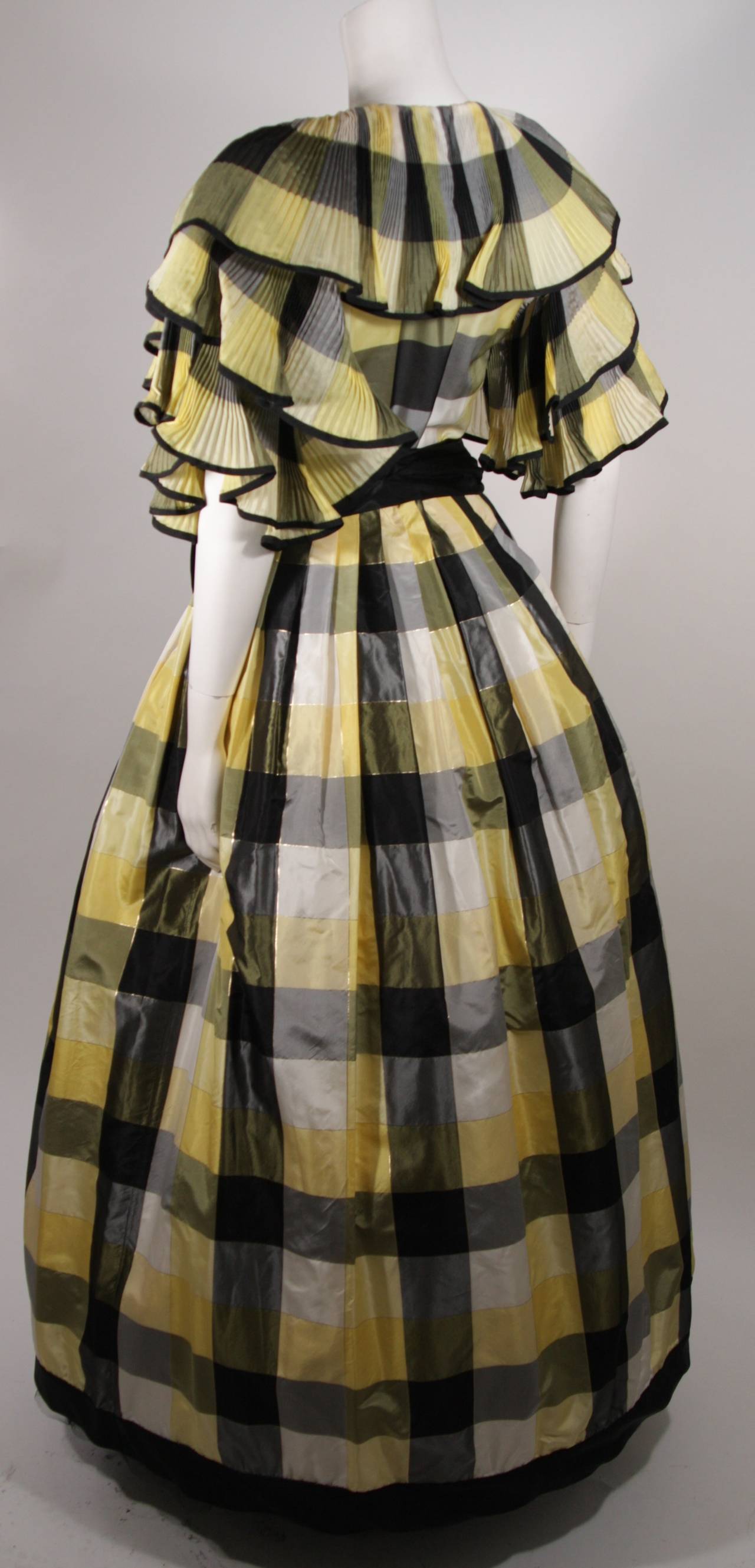 Paul Louis Orrier Ruffled Silk Yellow and Black Plaid Gown Size 10 For Sale 3