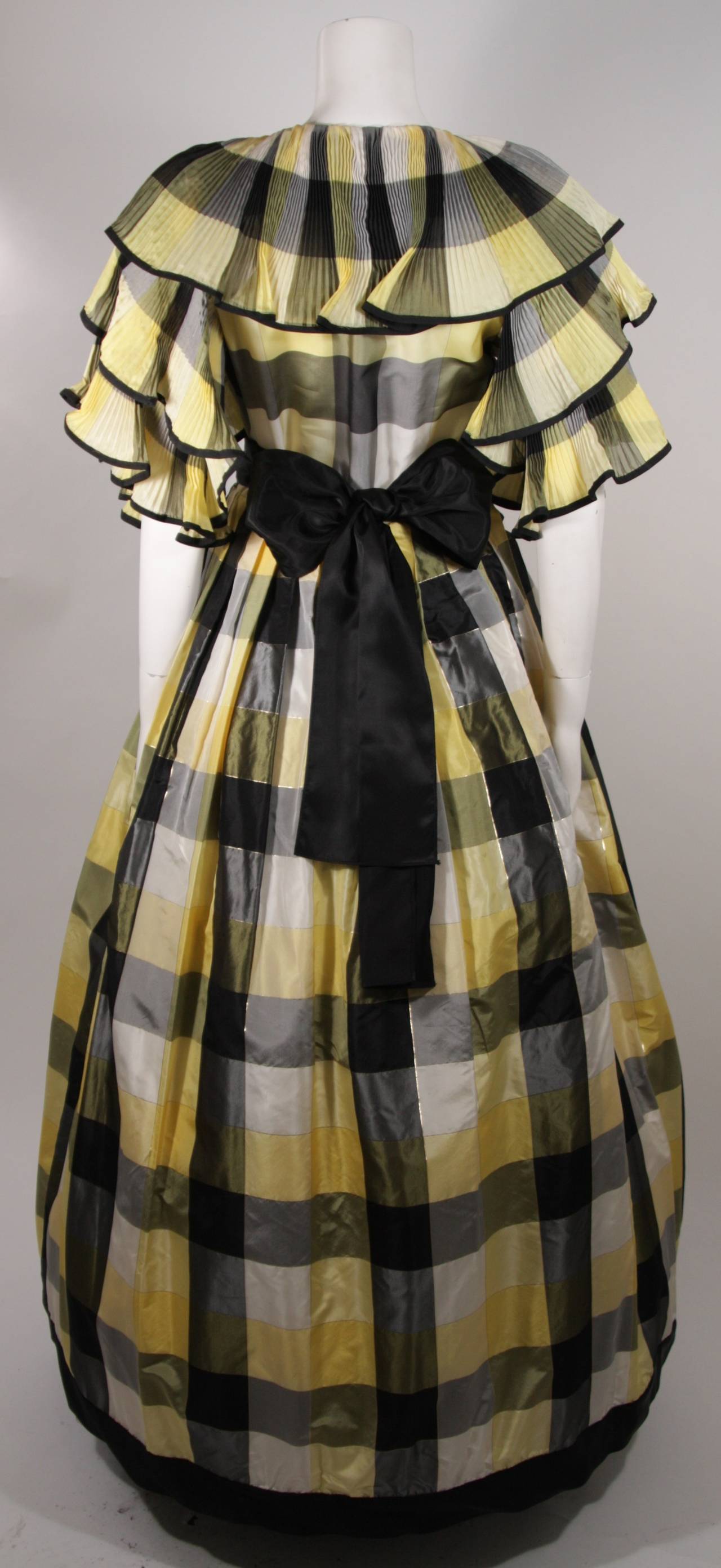 Paul Louis Orrier Ruffled Silk Yellow and Black Plaid Gown Size 10 For Sale 4