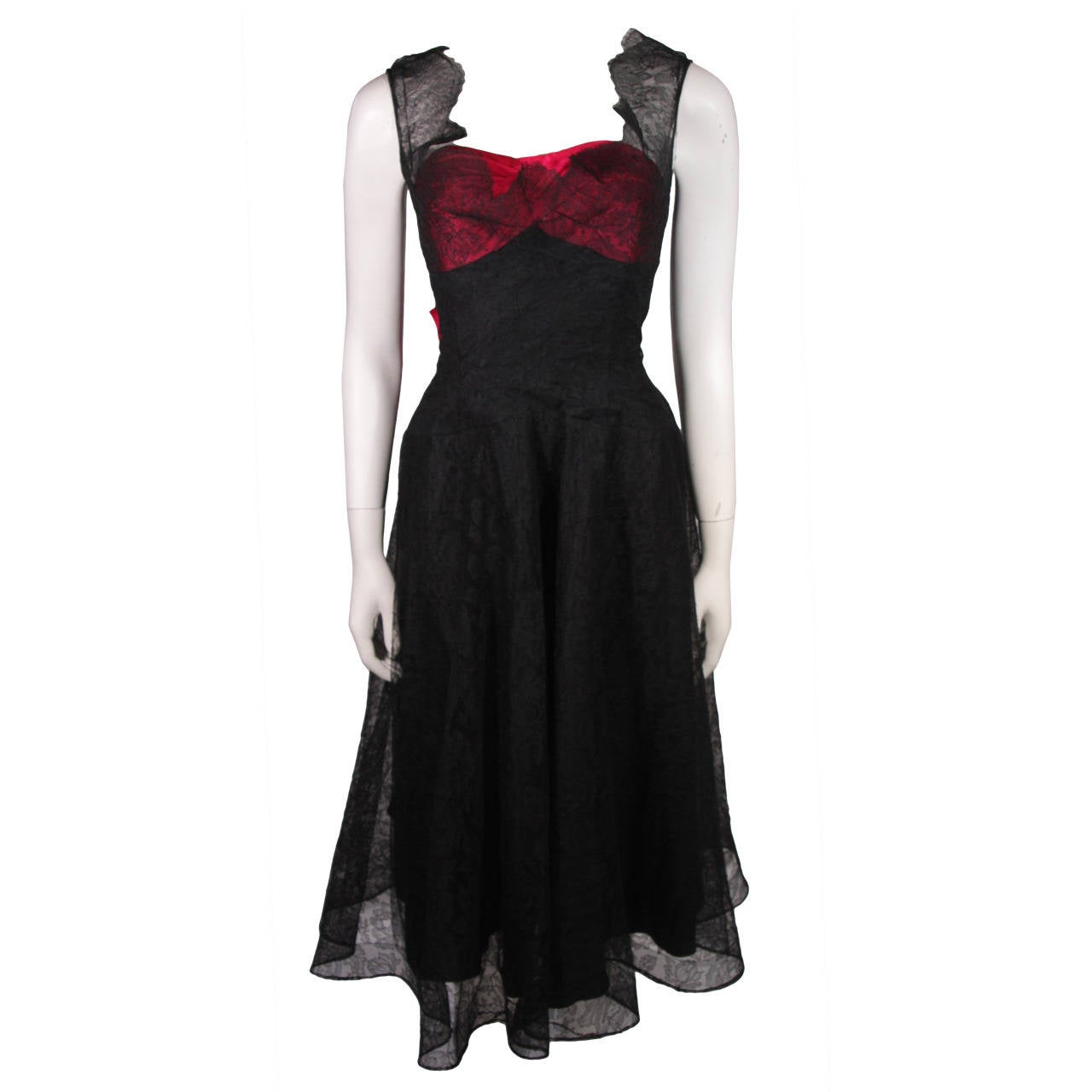 Ceil Chapman Black Lace Cocktail Dress with Large Magenta Bow and Bust For Sale