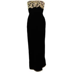 Oscar De La Renta Black Velvet Gown with Metallic Embellishments