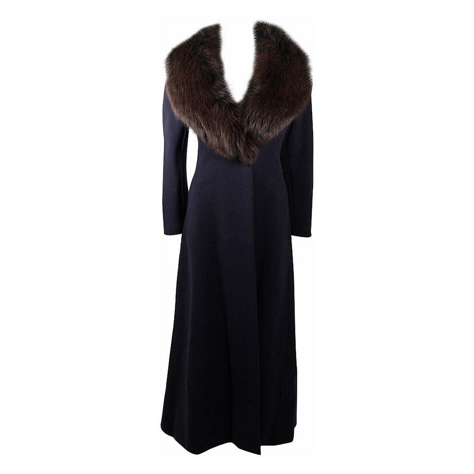 Pauline Trigere Navy Wool Coat with Blue and Brown Fox Collar Size