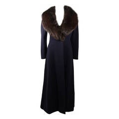 Pauline Trigere Navy Wool Coat with Blue and Brown Fox Collar Size