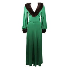 Vintage Kelly Green Jersey Gown with Mink Collar and Cuffs