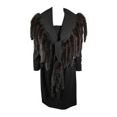Travilla Black Wool Dress Ensemble with Mink Tail Fringed Coat Size 6-8 10