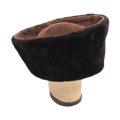 Vintage Yves Saint Laurent Brown Suede Hat with Black Sherling Interior
