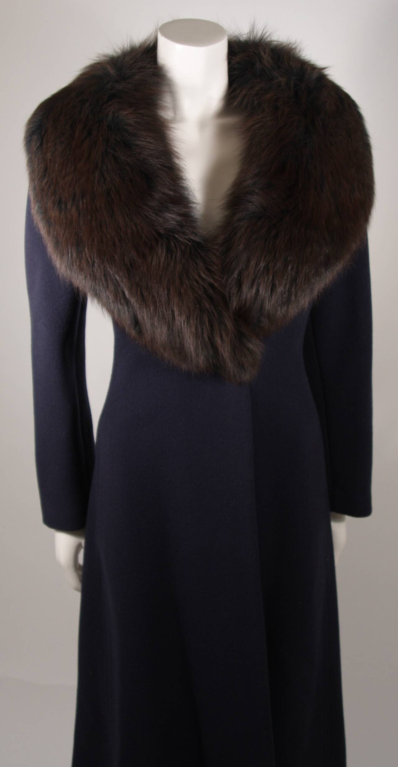 Black Pauline Trigere Navy Wool Coat with Blue and Brown Fox Collar Size