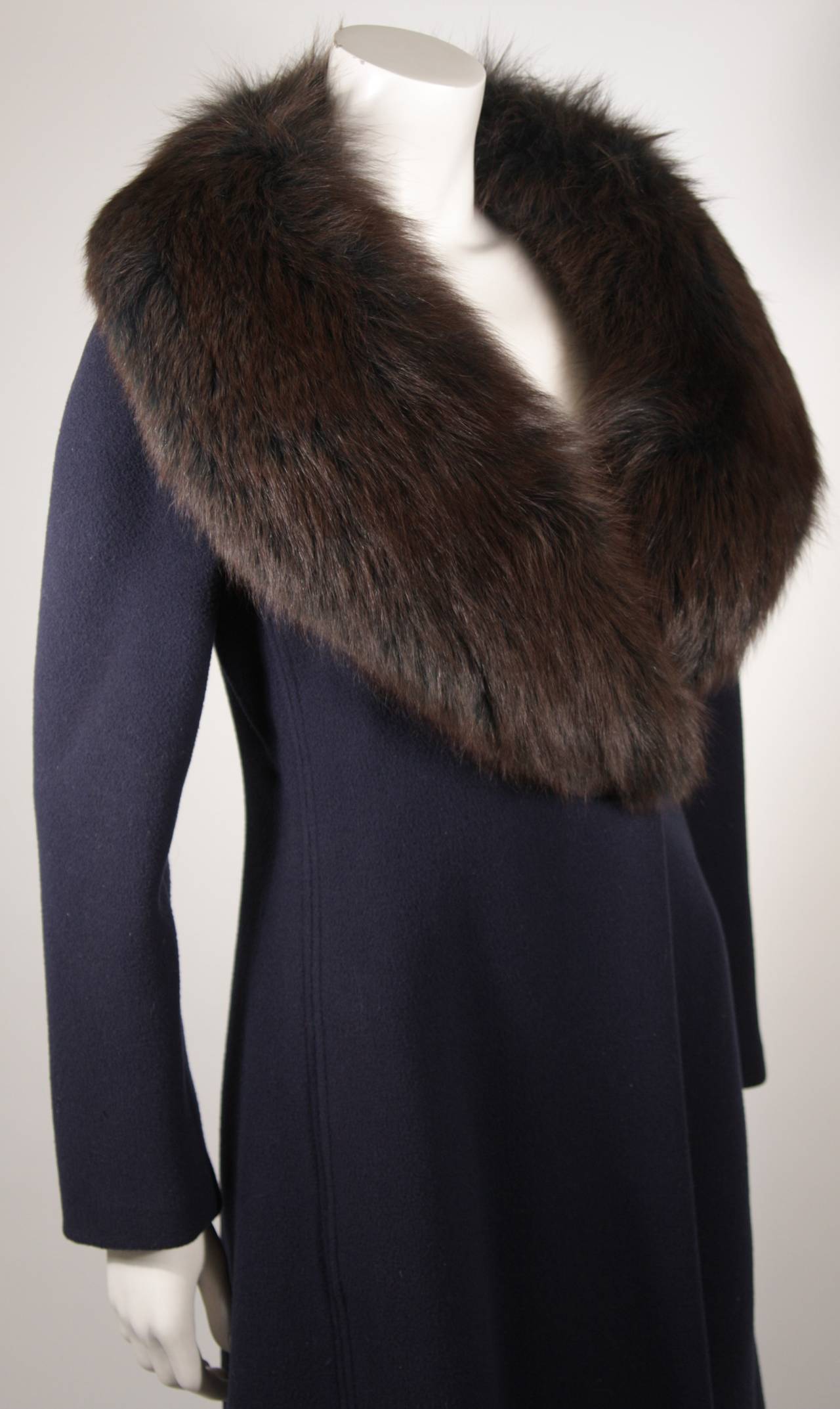 Women's Pauline Trigere Navy Wool Coat with Blue and Brown Fox Collar Size