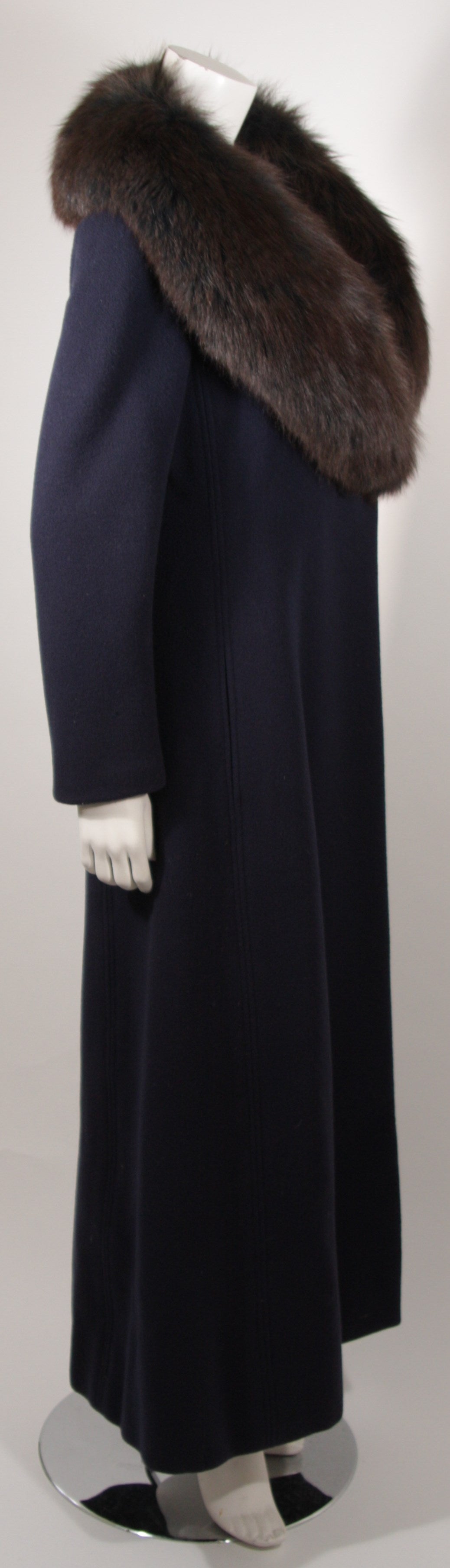 Pauline Trigere Navy Wool Coat with Blue and Brown Fox Collar Size 1