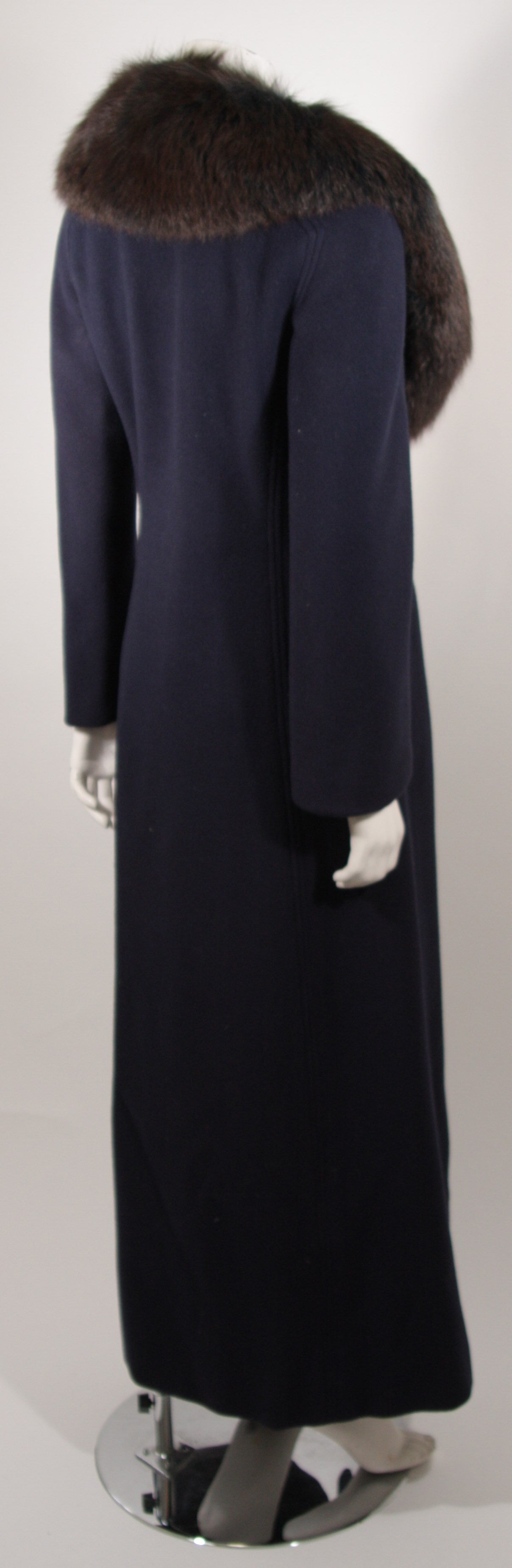 Pauline Trigere Navy Wool Coat with Blue and Brown Fox Collar Size 2