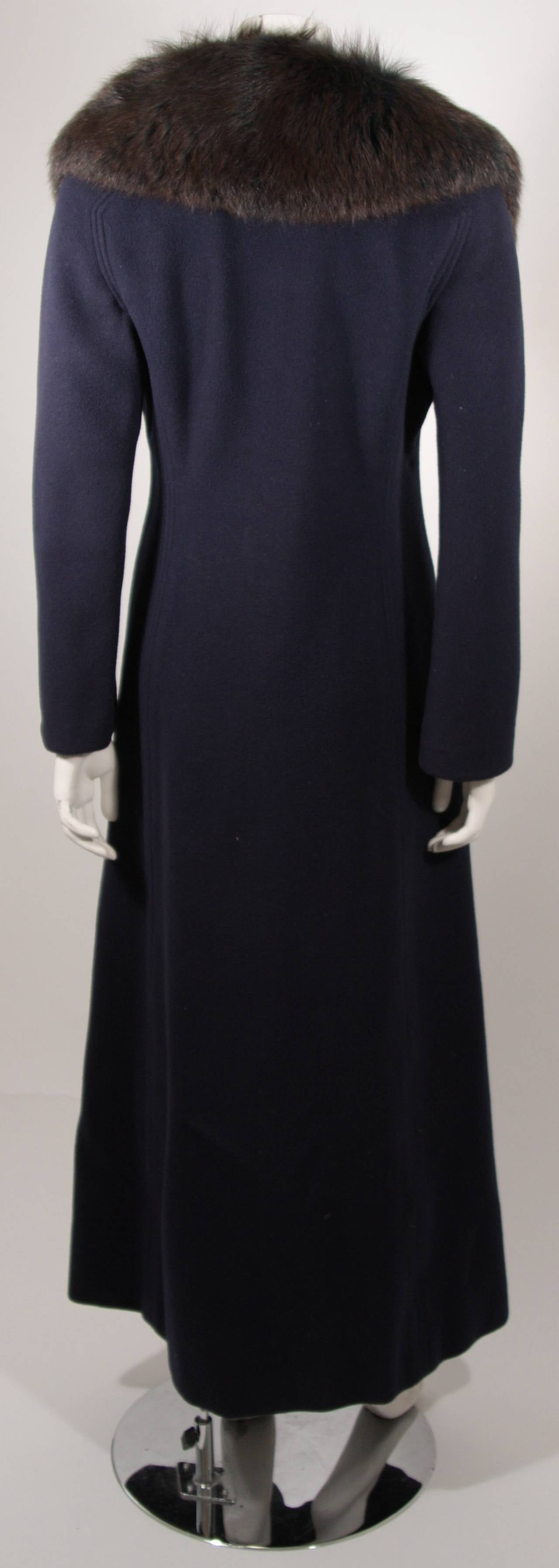 Pauline Trigere Navy Wool Coat with Blue and Brown Fox Collar Size 3