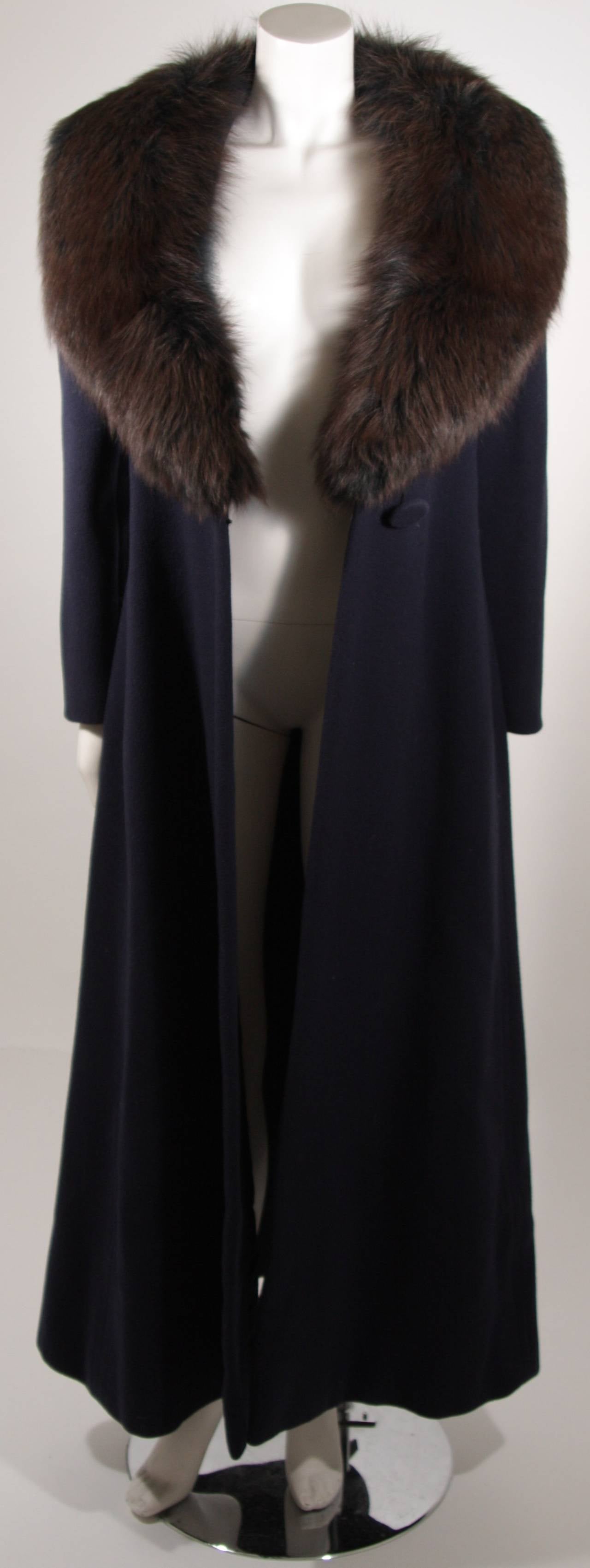Pauline Trigere Navy Wool Coat with Blue and Brown Fox Collar Size 4
