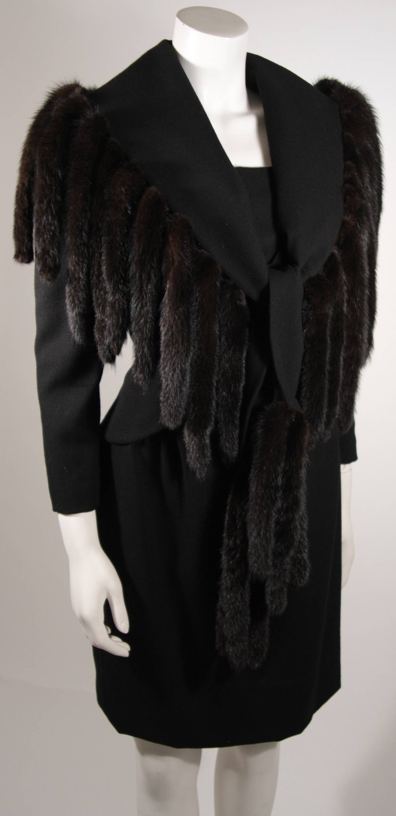 Travilla Black Wool Dress Ensemble with Mink Tail Fringed Coat Size 6-8 In Excellent Condition For Sale In Los Angeles, CA