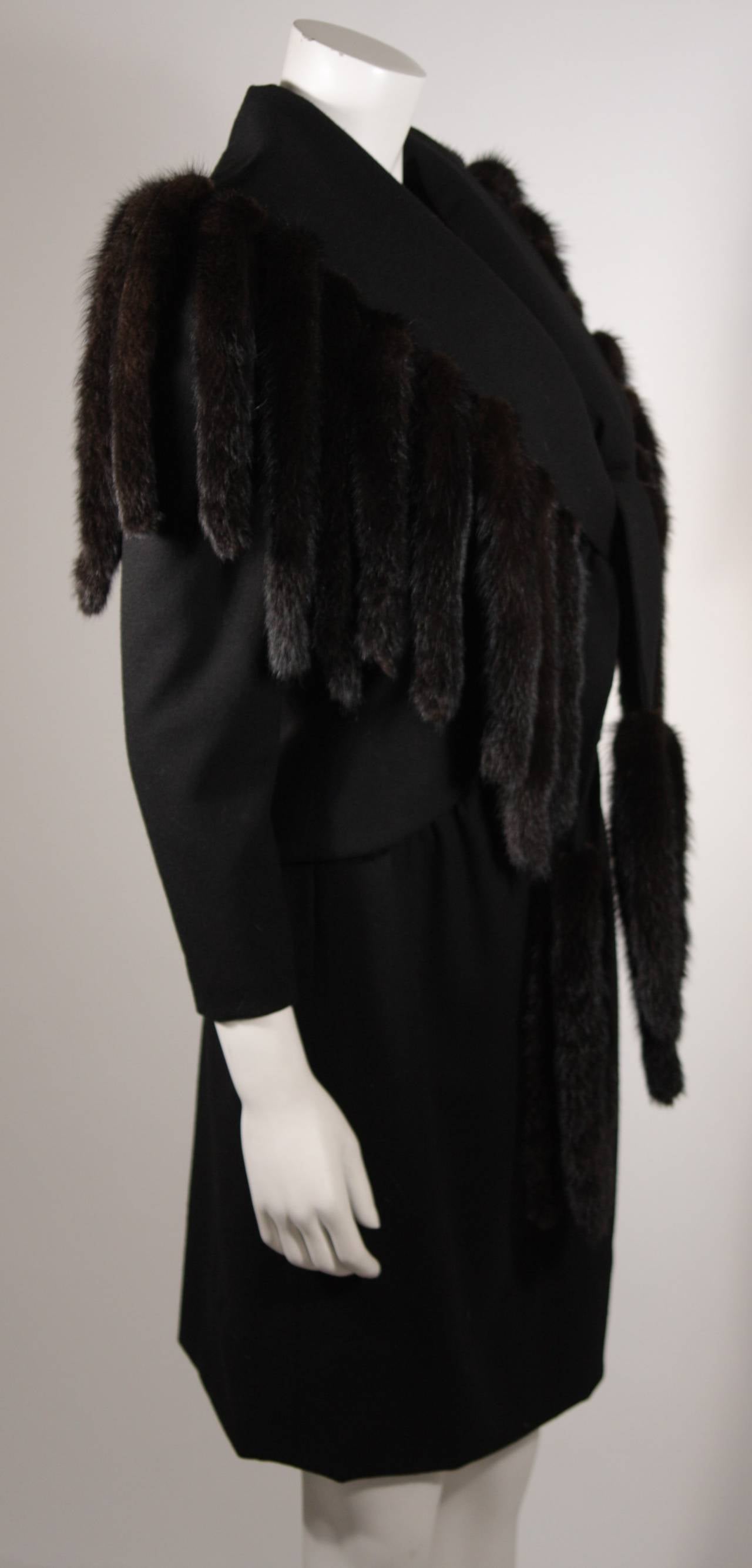Travilla Black Wool Dress Ensemble with Mink Tail Fringed Coat Size 6-8 For Sale 1