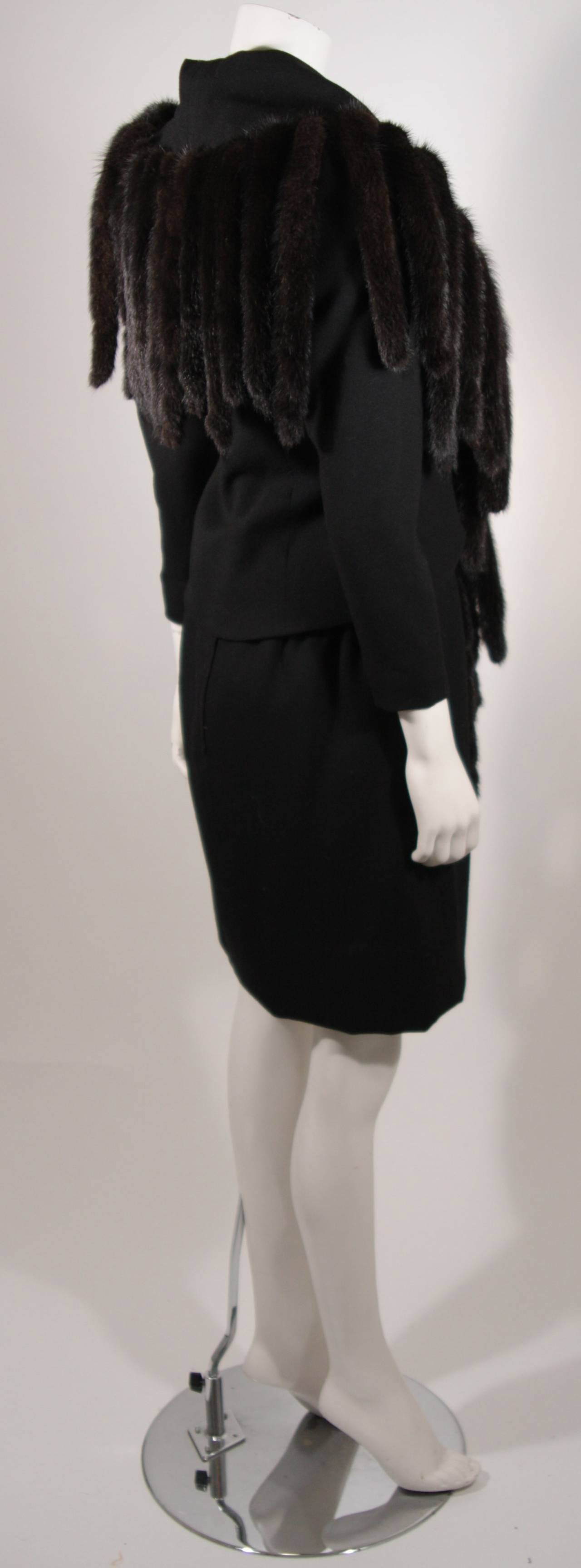 Travilla Black Wool Dress Ensemble with Mink Tail Fringed Coat Size 6-8 For Sale 2