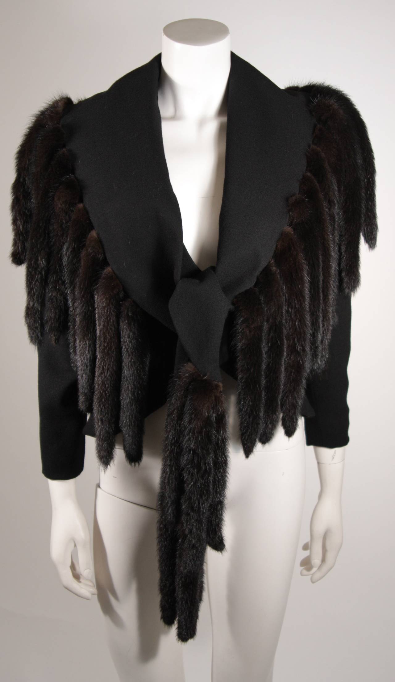 Travilla Black Wool Dress Ensemble with Mink Tail Fringed Coat Size 6-8 For Sale 4