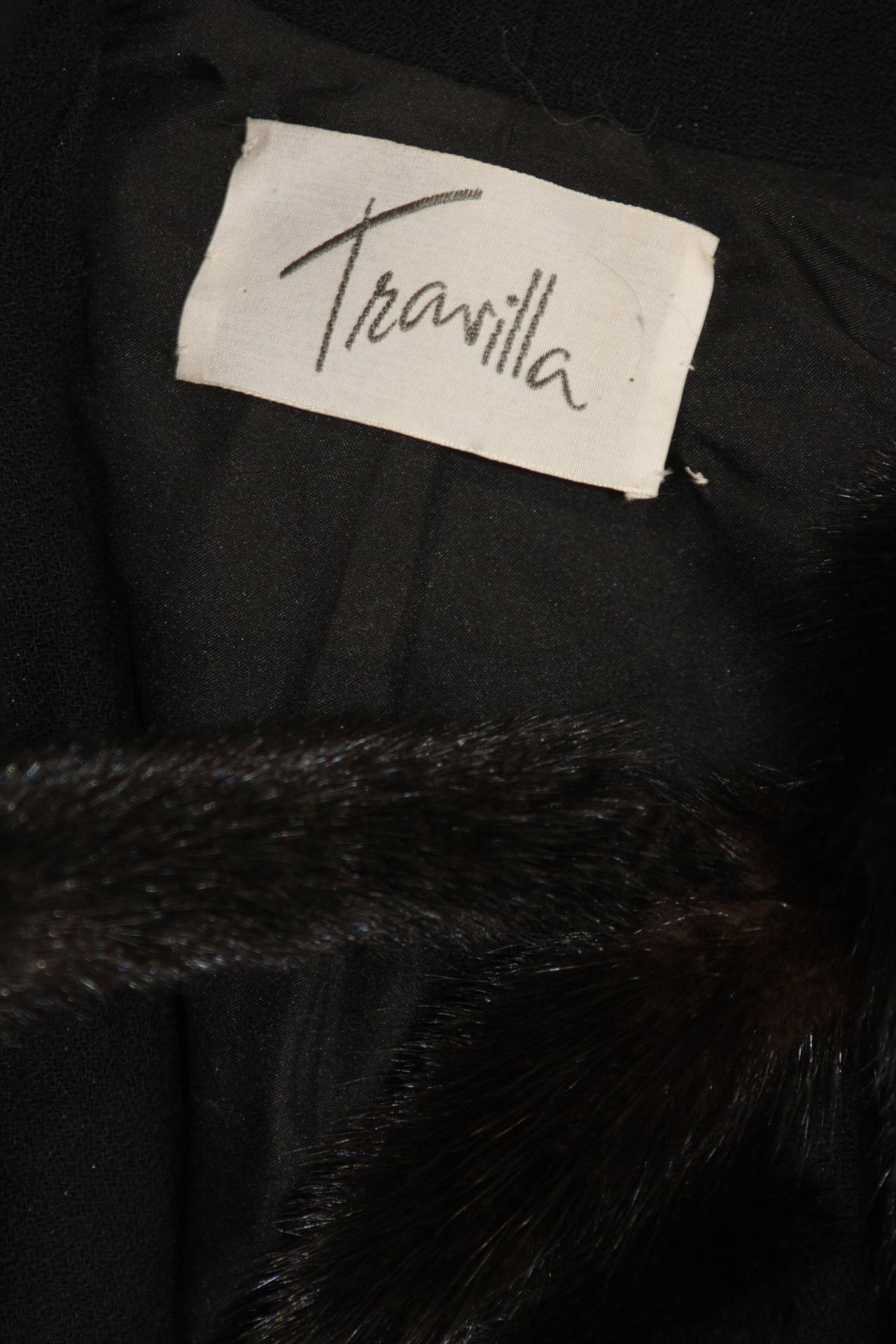 Travilla Black Wool Dress Ensemble with Mink Tail Fringed Coat Size 6-8 For Sale 6