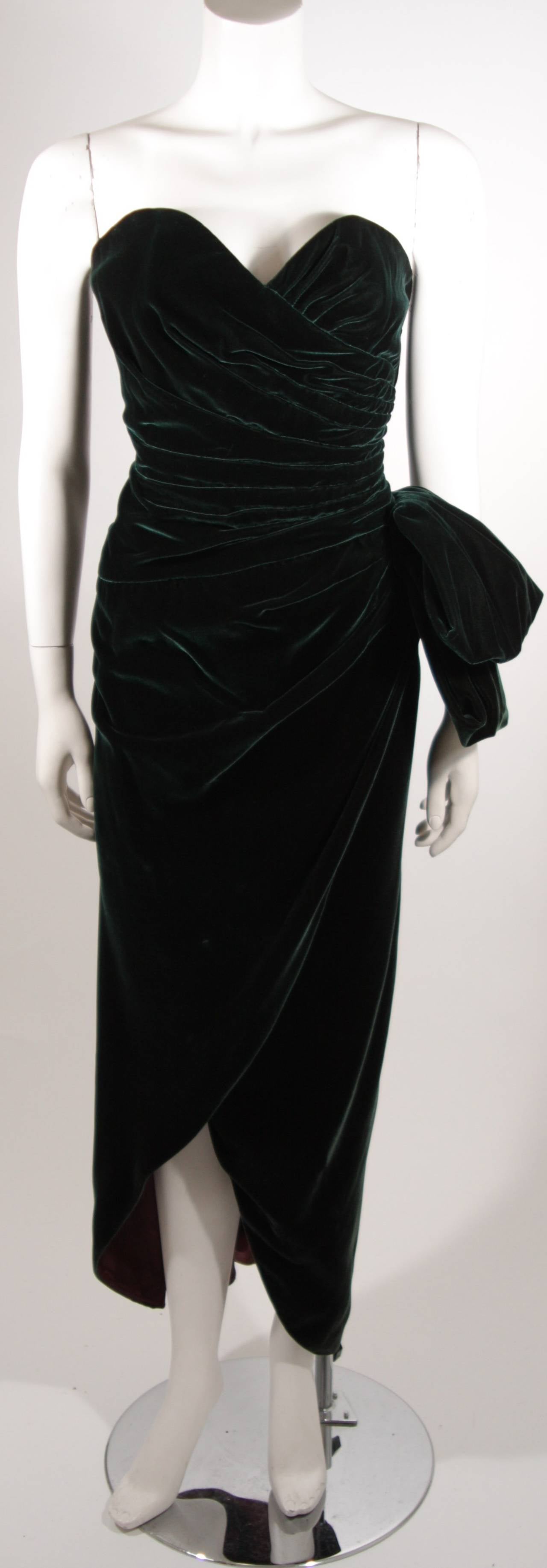 Victor Costa Green Velvet Gown with Large Ruffled Exaggerated Wrap In Excellent Condition In Los Angeles, CA